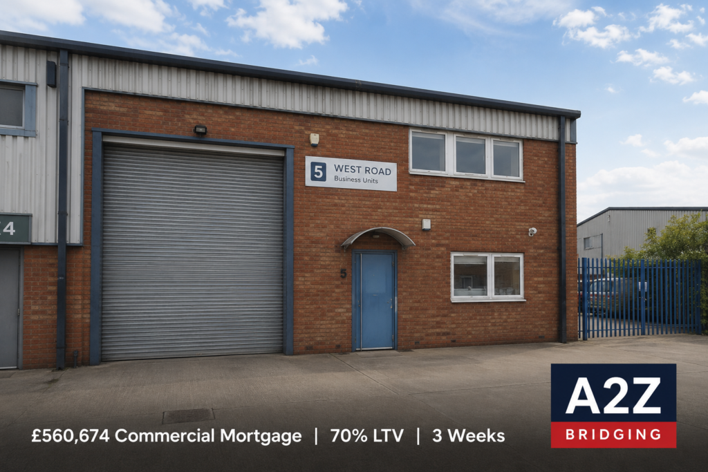Industrial warehouse unit in West London with roller shutter door and brick façade on a light industrial estate, featuring A2Z Bridging commercial mortgage case study overlay showing £560,674 Commercial Mortgage, 70% LTV and 3-week completion.