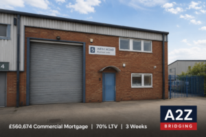 Industrial warehouse unit in West London with roller shutter door and brick façade on a light industrial estate, featuring A2Z Bridging commercial mortgage case study overlay showing £560,674 Commercial Mortgage, 70% LTV and 3-week completion.