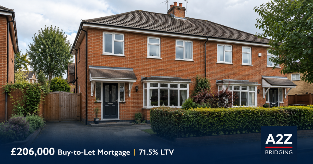 £206,000 buy-to-let mortgage completed at 71.5% LTV, illustrated with a three-bedroom semi-detached house on a residential street in Leicester.